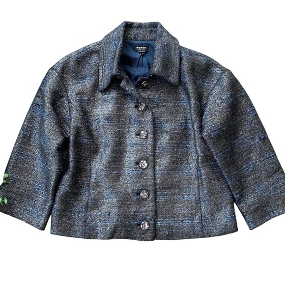 Worth New York Tweed Metallic Cropped Buttoned Formal Jacket Blue Silver Size 8 - Picture 5 of 5